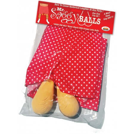 Mr. Saggy Balls Boxer Shorts in packaging featuring droopy latex balls, perfect for adult gag gifts at parties, birthdays, and Halloween.