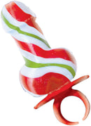Jingle Balls Holiday Ring Pops Display 12 Pc featuring a candy cane penis-shaped pop in red, white, and green.