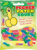 Hott Products Sour Pecker Patch Candy Display 12 Pieces colorful sweet and sour candy in playful shapes.