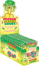 Hott Products Sour Pecker Patch Candy Display 12 Pieces featuring colorful sweet and sour candy packs.