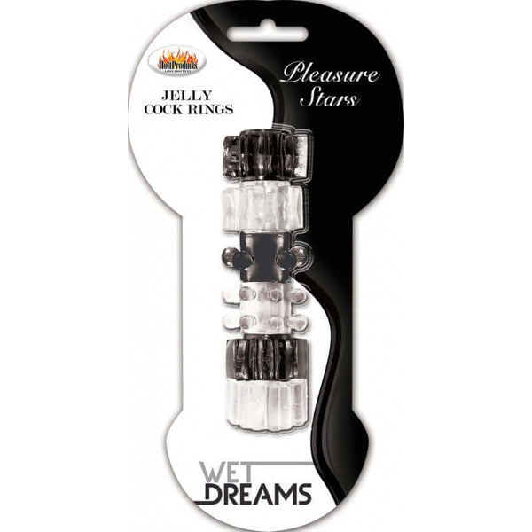 Hung Pleasure Stars Jelly Cock Rings 3-Pack in packaging with black and clear rings. Super soft and stretchy silicone for enhanced pleasure