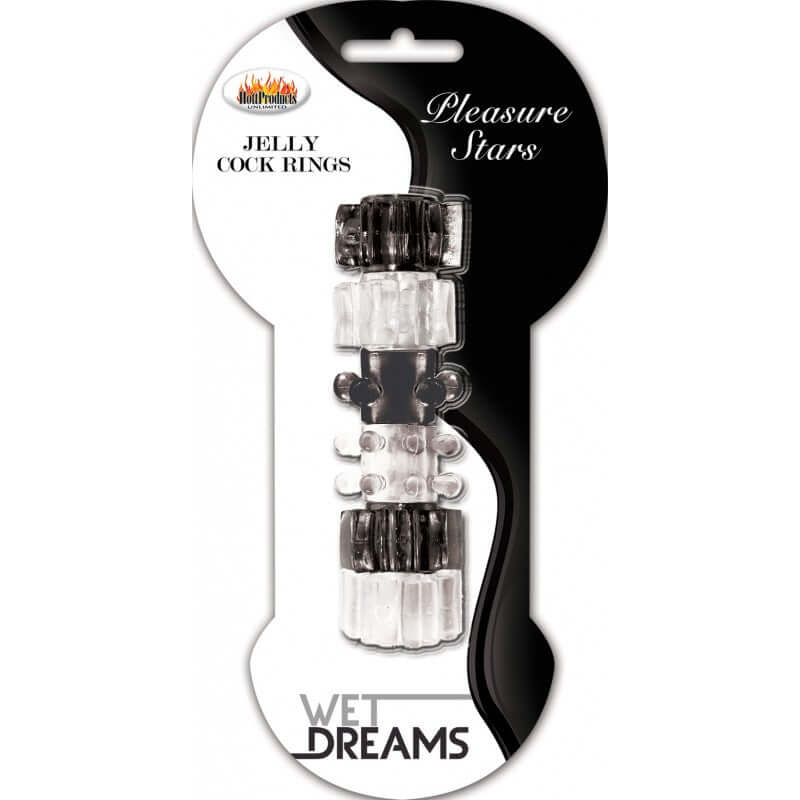 Hung Pleasure Stars Jelly Cock Rings 3-Pack in packaging with black and clear rings. Super soft and stretchy silicone for enhanced pleasure