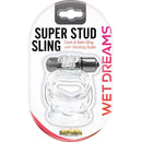 Wet Dreams Super Stud Sling Vibrating Cock Clear packaging featuring silicone cock and balls sling with vibrating bullet