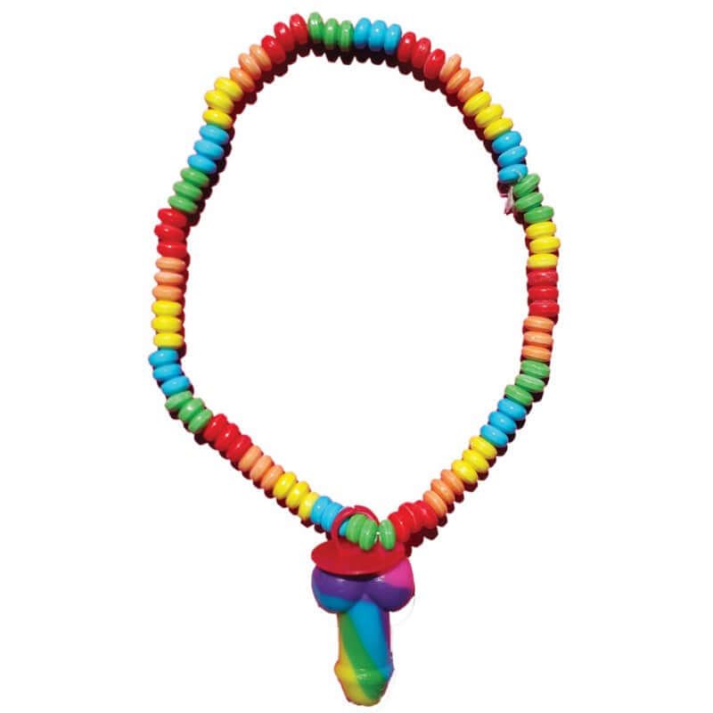 Colorful Rainbow Pecker Candy Necklace with edible beads for adult parties and fun gatherings.