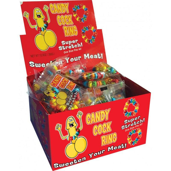 Colorful display of Candy Cock Rings in packaging, promoting a sweet and fun adventure for couples.