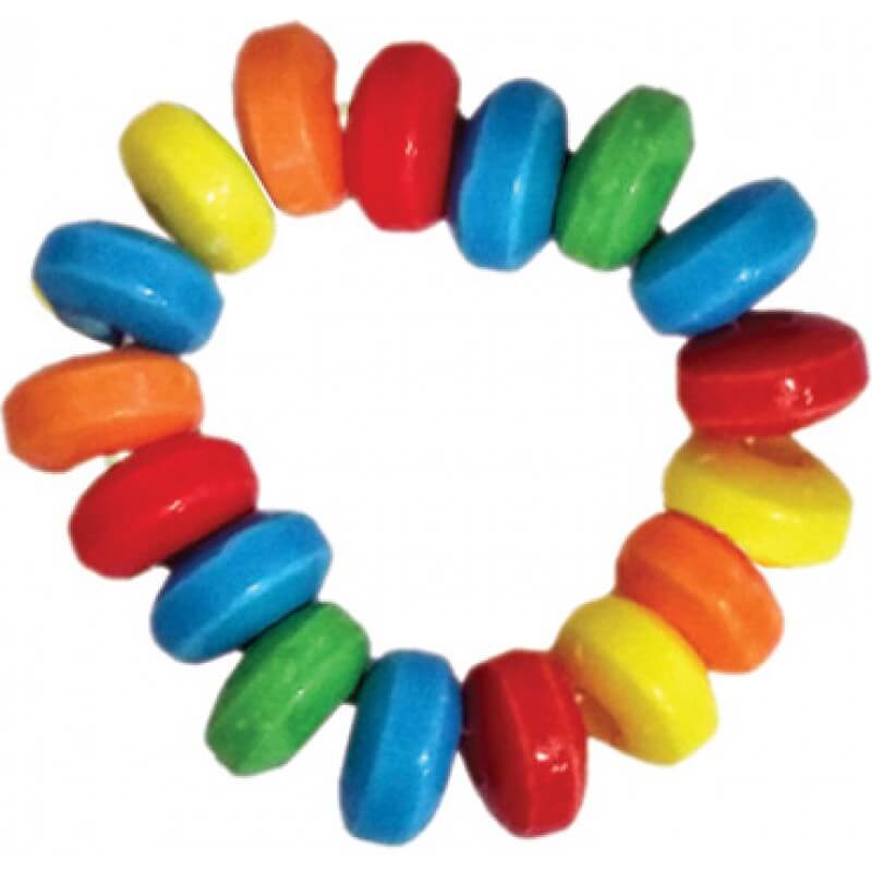 Colorful candy cock ring display with vibrant blue, red, green, orange, and yellow pieces for adult fun.