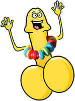 Playful cartoon character of a candy cock ring with colorful rings, promoting a fun and adventurous experience.