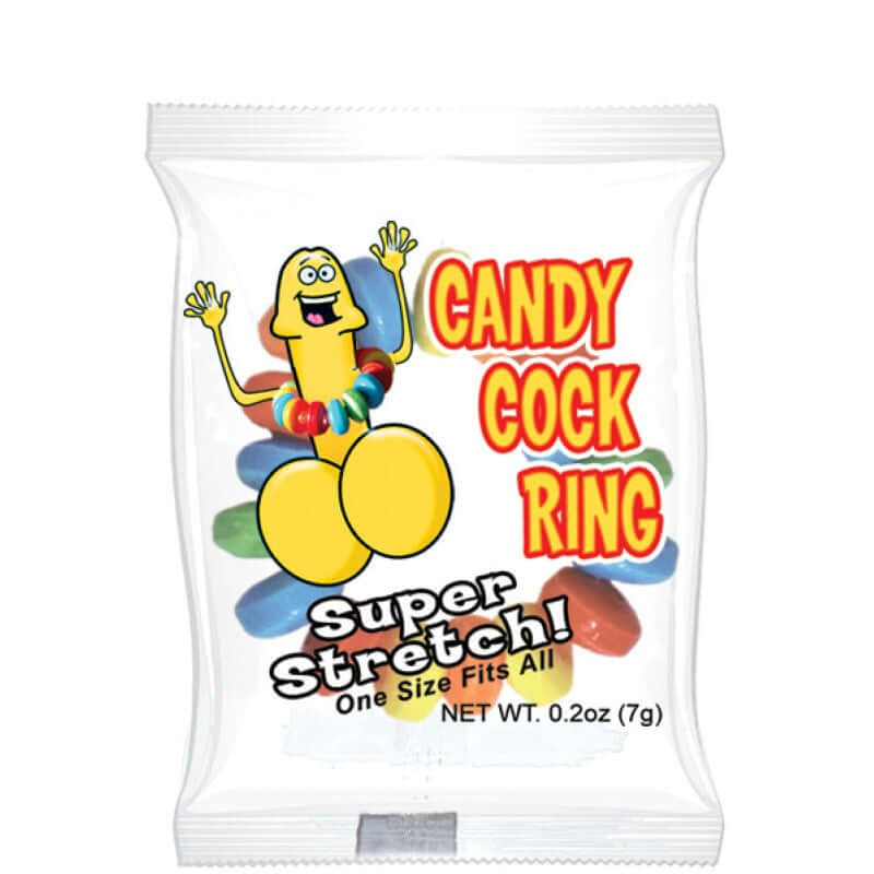 Colorful packaging of Candy Cock Ring, a super stretch candy toy for fun adventures, 50 pieces display.