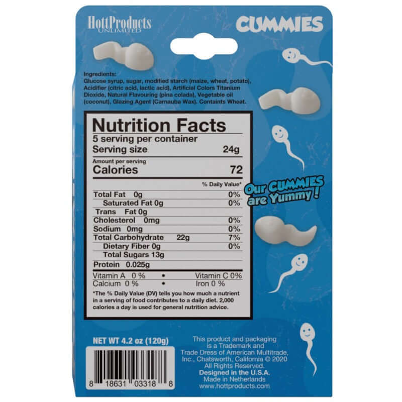 Cummies Sperm Shaped Gummies Pina Colada Flavor nutrition facts and serving information from Hott Products Unlimited