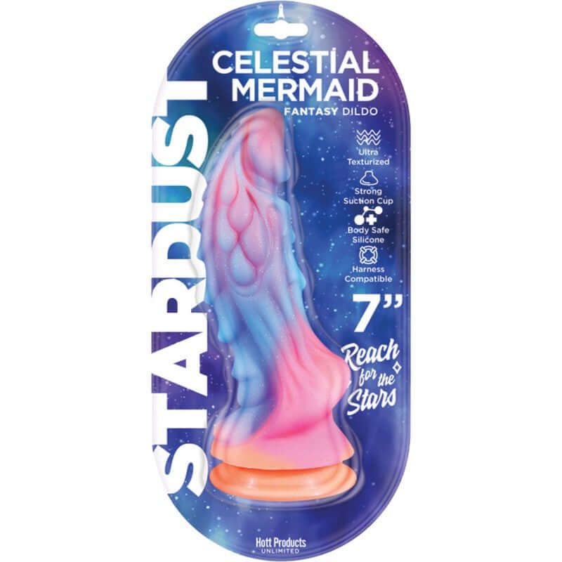 Stardust Celestial Mermaid 7-Inch Silicone Dildo by Hott Products in packaging with celestial-inspired design and strong suction cup