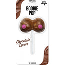 Boobies Pop Chocolate Lovers Candy Lollipop, cheeky chocolate-flavored hard candy shaped like boobies.