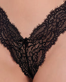 House of Desire Lana Sheer Lace V-Thong Black Small featuring a delicate lace design and V-shaped silhouette.
