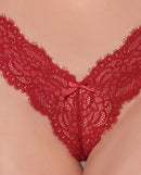 House of Desire Lana Sheer Lace V-Thong Red Medium showcasing intricate lace with a V-cut waistline and a charming bow detail.