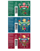 Holiday-themed lubricant labels with festive flavors: Candy Cane, Sugar Cookie, and Fruit Cake; water-based for intimate moments.