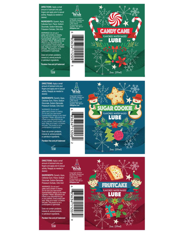 Holiday-themed lubricant labels with festive flavors: Candy Cane, Sugar Cookie, and Fruit Cake; water-based for intimate moments.
