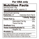 Nutrition facts panel showing serving size, calories, total fat, sodium, carbohydrates, and sugars.