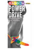 Rainbow 7 Inch Strap On Dildo with Harness displayed on a model, showcasing its vibrant colors and included harness.
