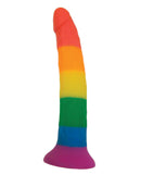Rainbow 7 Inch Strap On Dildo with Harness in vibrant colors for strap-on play.