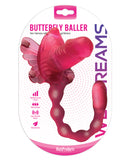Wet Dreams Butterfly Baller Sex Harness with Dildo Pink showcased in packaging with adjustable features.
