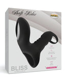 Bliss Shaft Rider Vibrating Cock Ring Sleeve Black packaging with details about features and benefits.