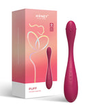 Puff App-Controlled Inflatable Kegel Ball Dark Red next to its packaging, showcasing pelvic floor training features.