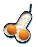 Hott Products Willy Egg Fryer Penis Shaped Novelty Pan with eggs in playful shape on a griddle.