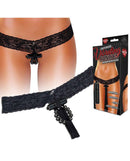 Crotchless vibrating panties with pleasure beads in black, featuring intricate lace and discreet battery pack, size S/M.