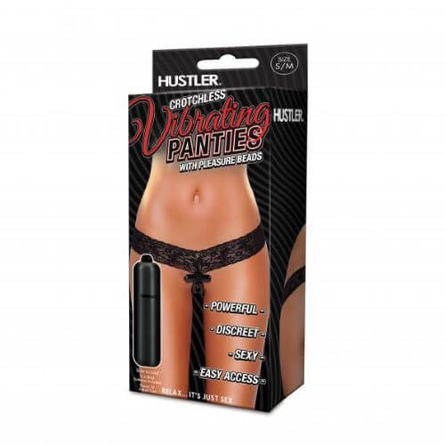 Crotchless vibrating panties with pleasure beads packaging in black, size S/M. Powerful, discreet, and sexy lingerie.