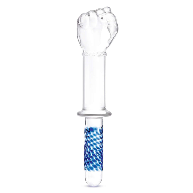 Glass Fist Double Ended Dildo 11 inches with Handle Grip featuring a fist-shaped head and textured grip.