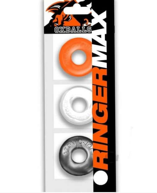 Oxballs Ringer Max 3-Pack Hazzard Silicone Cock Rings in orange, white, and black packaging