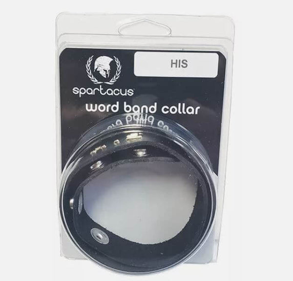 Adjustable black leather BDSM collar with "HIS" text, packaged in Spartacus branding. Perfect for expressing control and devotion.
