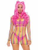 Leg Avenue Rainbow Fishnet Long Sleeved Mini Dress model showcasing vibrant rainbow colors and a flirty design in a playful setting.
