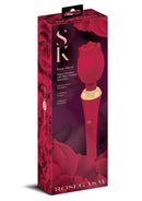 Secret Kisses Rosegasm Bouquet Rose Wand Vibrator Red in elegant packaging with a rose design and features highlighted.