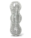 The 9's Clear Stroke Threeway Masturbator with textured surfaces and handle for enhanced male pleasure.