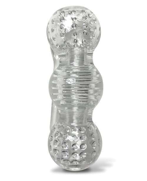 The 9's Clear Stroke Threeway Masturbator with textured surfaces and handle for enhanced male pleasure.