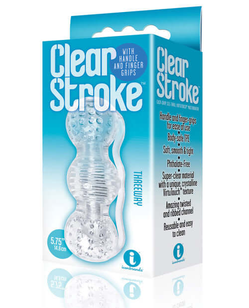 Clear Stroke Threeway Masturbator packaging, 5.75 inches, featuring handle, finger grips, and textures for enhanced pleasure.