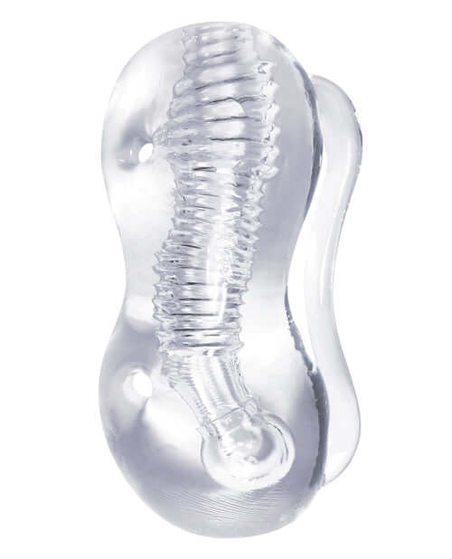 The 9's Clear Stroke Twister Male Masturbator 5.25 inches with ribbed and twisted tunnel design.