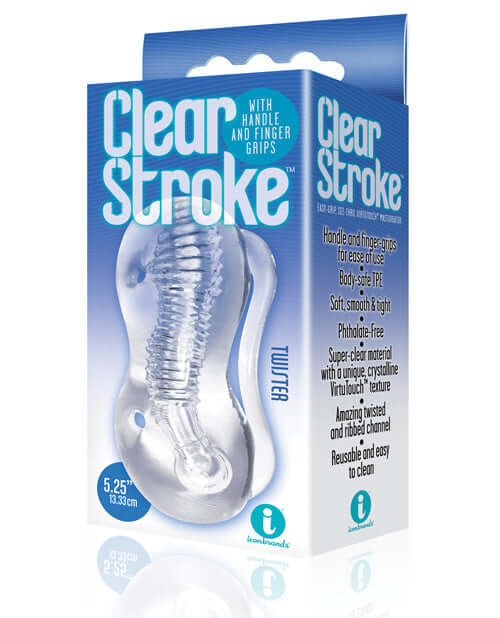 The 9's Clear Stroke Twister Masturbator, 5.25 inches, clear, with handle and finger grips, body safe TPE, phthalate free.
