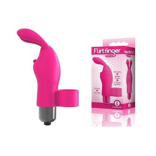Flirt Finger Silicone Bunny Vibrator in pink with packaging, designed for clitoral stimulation and playful teasing.