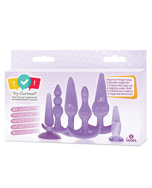 Try-Curious Anal Plug Kit in purple featuring six TPR plugs of various shapes for anal exploration.