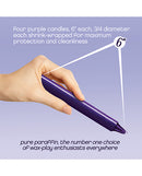 The 9's Make Me Melt Warm-Drip Candles Purple Pack of 4 shown with size details and shrink-wrapped for cleanliness.