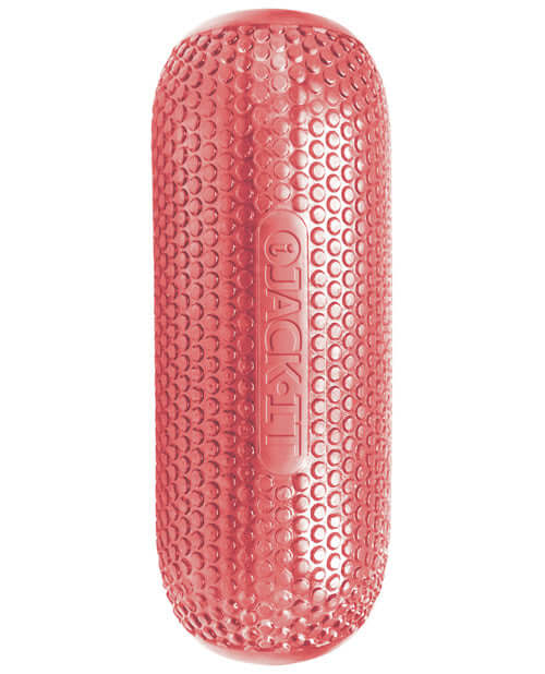 Jack-It Stroker in crimson red, featuring a dimpled texture and ergonomic design for enhanced male pleasure.
