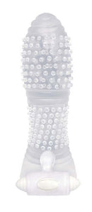 Vibrating Sextenders Nubbed Sleeve Clear with textured nubs and vibrating bullet for enhanced stimulation.