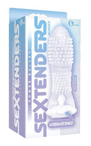 Vibrating Sextenders Nubbed Sleeve Clear packaging featuring textured nubs and vibrating bullet for enhanced stimulation.