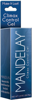 Mandelay Climax Control Gel 1oz Tube packaging with benzoaine male genital desensitizer details.