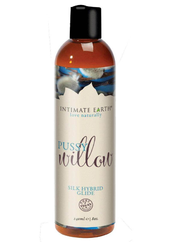 Intimate Earth Pussy Willow Silk Hybrid Glide Lubricant 8 oz bottle with natural design.