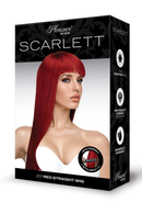 Scarlett Premium Styable Wig Red packaging showcasing a vibrant red straight wig with stylish bangs.