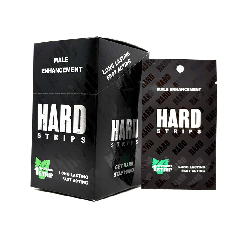 Hard Strips 25 Pack Fast-Acting Vitality Support Oral Strip packaging and individual strip for male enhancement.