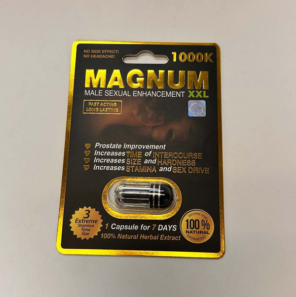 Magnum XXL 1000K male sexual enhancement capsule packaging for stamina and vitality support.