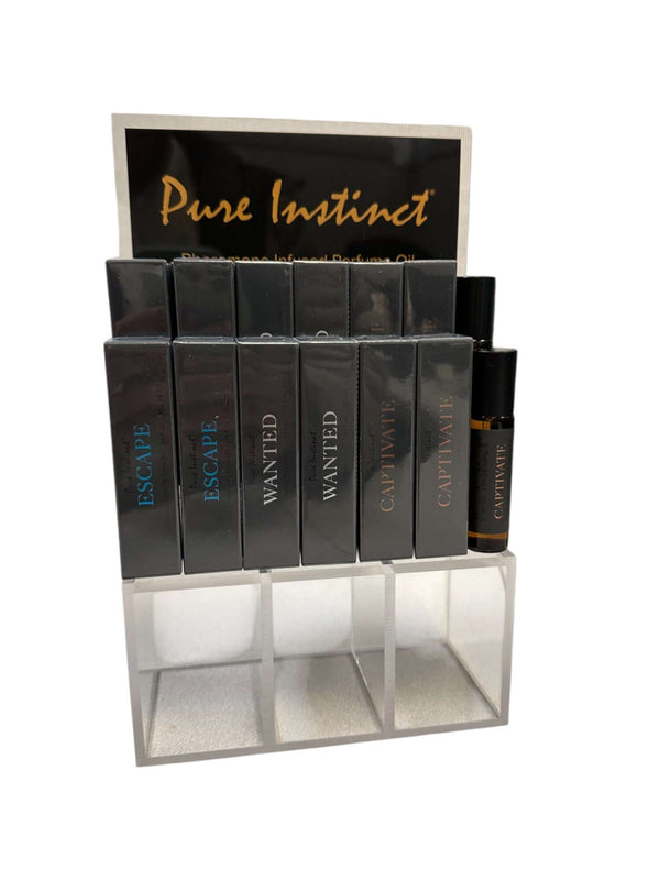 PURE INSTINCT PHEROMONE INFUSED PERFUME OIL MEN ACRYLIC CUBE DISPLAY W/TESTERS-0